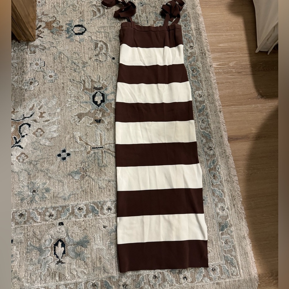 Brown & white stripe midi dress with slit on the side